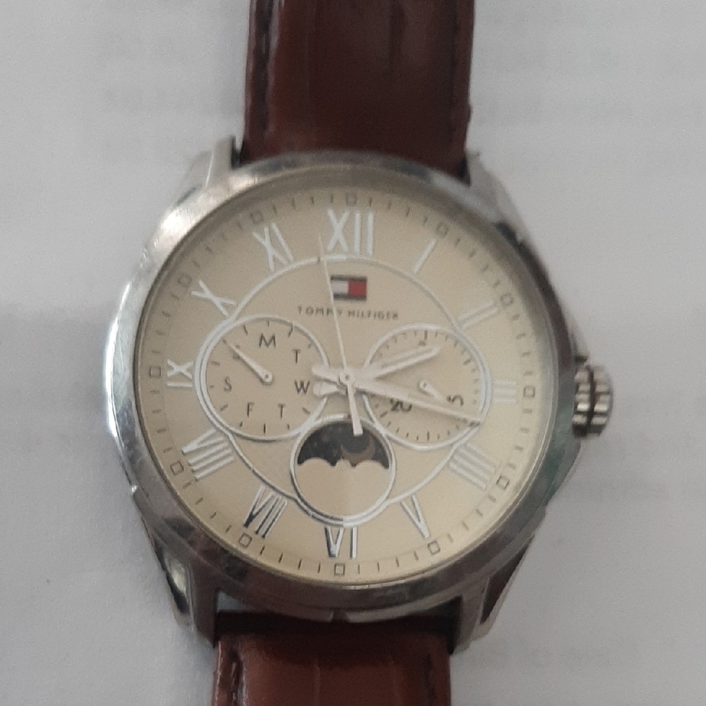 Tommy Hilfiger Silver Case Watch with Brown Strap